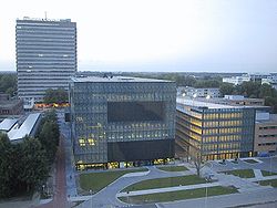 View on the Utrecht Science Park of Utrecht University. The building in the centre is the library.