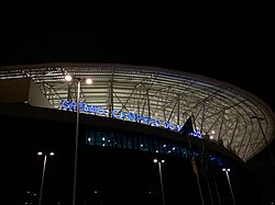 Sign at Arena do Grêmio saying "Grêmio - Campeão do Mundo" (Grêmio - World Champion), celebrating Grêmio's 1983 Intercontinental Cup as a world championship.