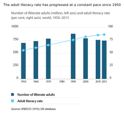 Adult literacy rates have increased at a constant pace since 1950.