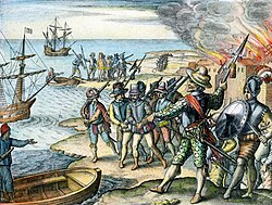 English pirate Walter Raleigh raiding Spanish settlement in Trinidad in 1595