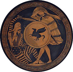 Greek hoplite and Persian warrior depicted fighting, on an ancient kylix, 5th century BC
