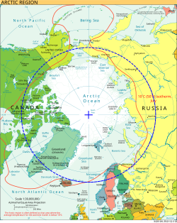 Map of the Arctic region, Alaska is in the upper left side, the Arctic Circle is shown in blue.