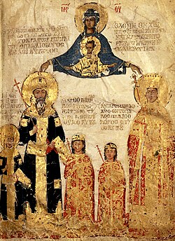 Miniature depicting Manuel II Palaiologos and his family, 1404.[j]