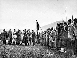 Tito inspects the 1st Proletarian Brigade. Next to him are: Ivan Ribar, Koča Popović, Filip Kljajić and Ivo Lola Ribar