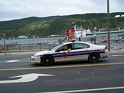 A Royal Newfoundland Constabulary (RNC) police car on patrol. The RNC serves as the primary policing body for the metropolitan area.