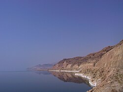 The Jordanian shore of the Dead Sea, showing salt deposits left behind by falling water levels