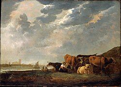 Cattle near the Maas by Dutch painter Aelbert Cuyp. Moody likened his vision of the nascent Colony of British Columbia to the pastoral scenes painted by Cuyp.