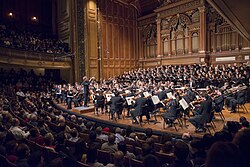NEC Philharmonia, Concert Choir and conductor Hugh Wolff performing in Jordan Hall