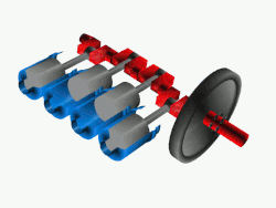 A flat-plane crankshaft (red) is turned by the forward-and-back motion of four pistons (grey) as they move within the engine's cylinders (blue)