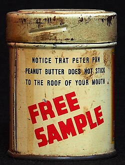 Free sample of Peter Pan peanut butter, promising it "does not stick to the roof of your mouth"