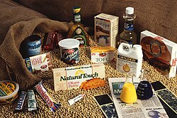 A variety of soybean-based broducts, such as tofu, soy milk, soy yogurt, soy burgers, soy loaf, soy sausage, and soy oil.