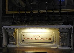 The tomb of John Paul II in the Vatican Chapel of Saint Sebastian within St. Peter's Basilica where it has been since 2011