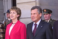 Kwaśniewski with the President of Ireland Mary McAleese in Dublin, Ireland.
