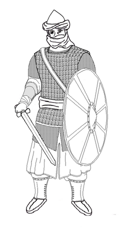 Rashidun soldier wears an iron-bronze helmet, a hauberk and lamellar leather armour. His sword is hung from a baldric, and he carries a leather shield.