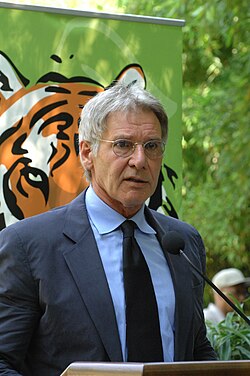 Harrison Ford, a Conservation International board member, speaking at the 2008 launch of the Tiger Conservation Initiative at the National Zoo in Washington, D.C.