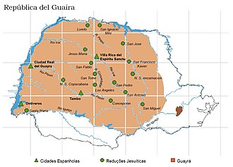 Map of the modern state of Paraná, Brazil, showing the Spanish Guayrá in brown. Jesuit missions are marked with crosses. All the missions were abandoned by 1638 and their inhabitants moved southwestward after the raids