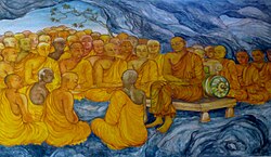 A depiction of the supposed First Buddhist council at Rajgir. Communal recitation was one of the original ways of transmitting and preserving Early Buddhist texts.