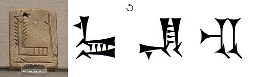 The cuneiform sign "EN", for "Lord" or "Master": the evolution from the pictograph of a throne c. 3000 BC, followed by rotation and then simplification, down to c. 600 BC.[51]