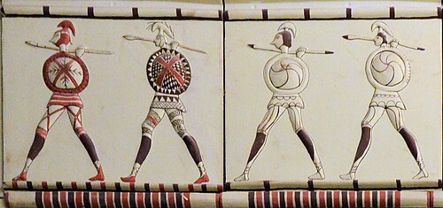 Phrygian soldiers. Detail from a reconstruction of a Phrygian building at Pazarlı, Çorum, Turkey, 7th–6th centuries BC.