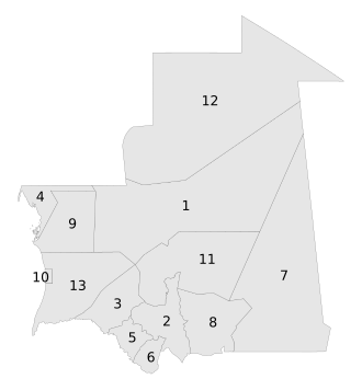 A clickable map of Mauritania exhibiting its twelve regions and one capital district.