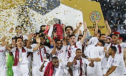 Qatar's players celebrating the country's first-ever Asian Cup title in 2019.