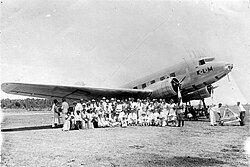 KLM Douglas DC-2 aircraft Uiver in transit at Rambang airfield on the east coast of Lombok island following the aircraft being placed second in the MacRobertson Air Race from RAF Mildenhall, England, to Melbourne in 1934[19]
