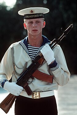 Soviet naval infantryman during a U.S. naval visit to a Soviet port in 1989