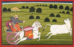 Prithu chasing Prithvi, who is in the form of a cow. Prithu milked the cow to generate crops for humans.