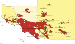 Urban areas within the Los Angeles combined statistical area as of the 2020 census. (Far eastern portions of Riverside and San Bernardino counties are cropped out). Urban areas Counties in the Los Angeles MSA Counties in the Los Angeles CSA but not the MSA