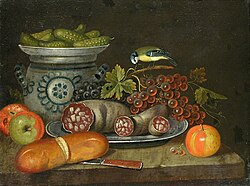Italian 17th century still-life showing Blutwurst-like sausages