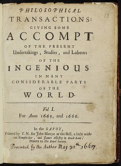 The frontispiece for some early scientific literature published in the Philosophical Transactions of the Royal Society