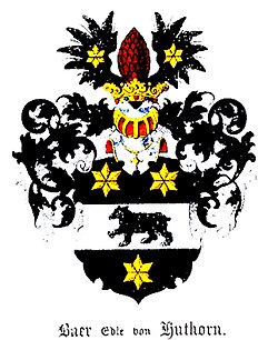Coat of arms of the Baer Edle von Huthorn family [et] of 1749, in the Baltic Coat of arms book by Carl Arvid von Klingspor in 1882[36]