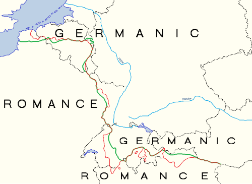 Germanic – Romance language border:[73] • Early Middle Ages • Early Twentieth Century