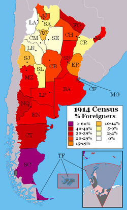 Proportion of Foreigners in Argentina by Province (1914), a direct result of the liberal immigration policies of the Generation of '80