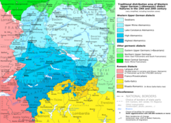 The traditional distribution area of Western Upper German (Alemannic) dialect features in the 19th and 20th centuries