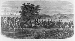 Crooks army before battle of the Rosebud. The Crow and Shoshone scouts and the Army are crossing Goose River on the way to the Rosebud in 1876. The equestrian woman may be either the Crow berdache Finds-them-and-kills-them or the Crow amazon The-other-magpie.[83]: 228
