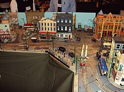 A model of a town with a tram model built into it