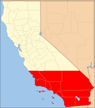 Map showing the division between Northern California (top white) and Southern California (bottom red)