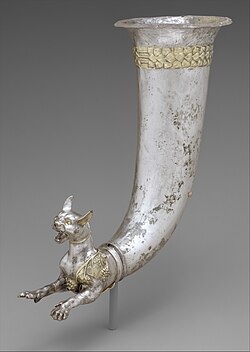 Rhyton terminating in the forepart of a wild cat showing Hellenistic influences