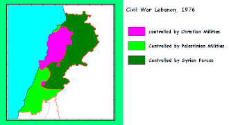 A map showing the power balance in Lebanon, 1976: Dark Green – controlled by Syria:Purple – controlled by Maronite groups;Light Green – controlled by Palestinian militias