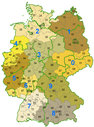 German Postleitzahl map of the first two digits. The green lines mark state borders, which do not always correspond with postal code areas.
