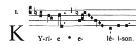 Kyrie "orbis factor", in mode 1 (Dorian) with B♭ on scale-degree 6, descends from the reciting tone, A, to the final, D, and uses the subtonium (tone below the final).