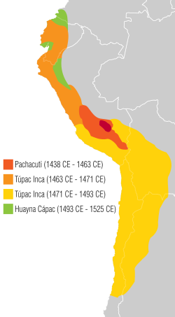 The Inca Empire's expansion according to John Howland Rowe in his "absolute chronology", developed in 1944–1945.