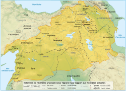 Tigran II's Armenian Empire, superimposed on a contemporary map of the region