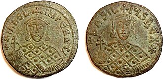 A 9th century Byzantine coin showing emperor Michael III and his then-junior colleague Basil I with the Latin titles "imperator" and "rex", respectively. Although spoken Latin had largely disappeared in the Eastern Roman Empire by that time, it was occasionally still used on coinage and in ceremonies until at least the 11th century.