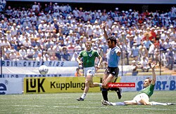 Antonio Alzamendi scoring for Uruguay v West Germany