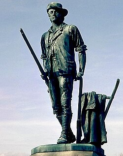 The U.S. ideal of the citizen soldier, in the militia, depicted by The Concord Minute Man of 1775, a monument created by Daniel Chester French and erected in 1875, in Concord, Massachusetts.