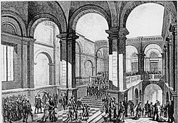 Student singers march down the staircase in Carolina Rediviva, on the occasion of the 400th anniversary of the university in 1877. The "staircase march" (trappmarschen) when the singers led the audience in a march out of the hall where the concert was held, is an annual tradition that was later moved to the new main university building completed in 1887. (The monumental staircase of Carolina was later sacrificed to create more storage space for books.)