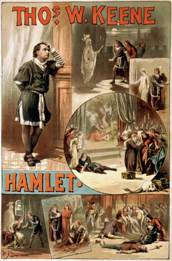 A poster, c. 1884, for an American production of Hamlet (starring Thomas W. Keene), showing several of the key scenes