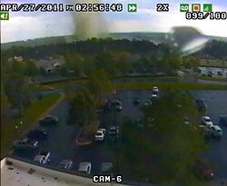 A large tornado in downtown Cullman during the April 27, 2011 tornado outbreak, the largest in recorded history